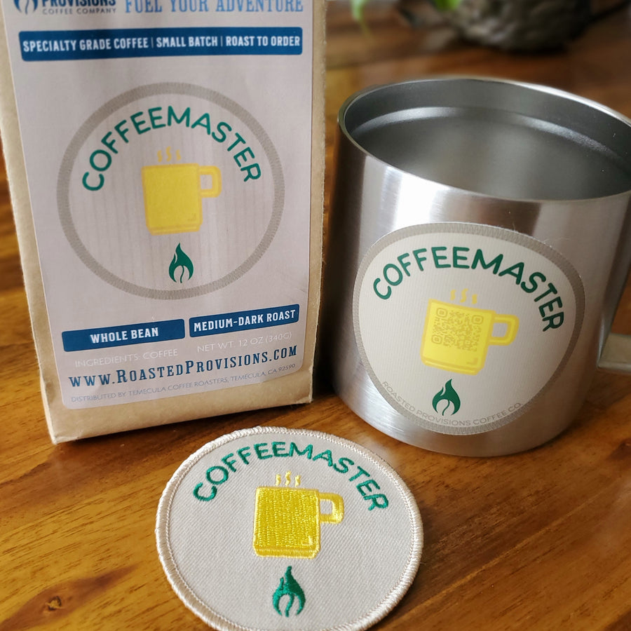 Coffeemaster coffee, patch, and sticker bundle (mug not included)